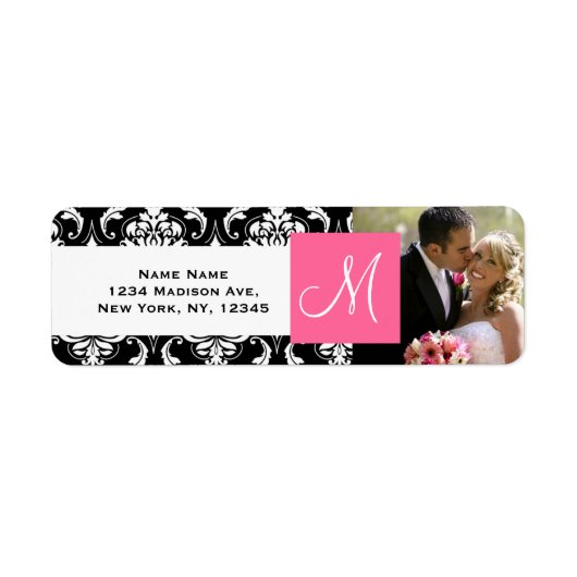 Étiquette Mariage photo Pink Black Damask Monogram (Devant)