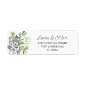 Étiquette Mariage rustique eucalyptus et fleurs violettes (Devant)