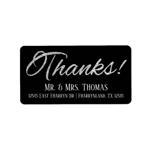 Étiquette Mariage simple | Merci Argent Black Script Adresse (Devant)