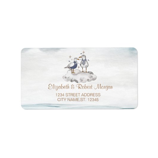 Étiquette Mariage sur la plage aux goélands à l'aquarelle  (Devant)