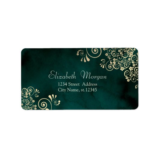 Étiquette Mariage Vert Émeraude Tourbillons Dorés (Devant)