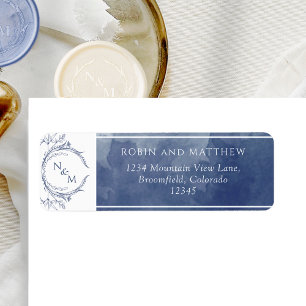 Étiquette Marine Aquarelle, Mariage Monogramme Adresse de re