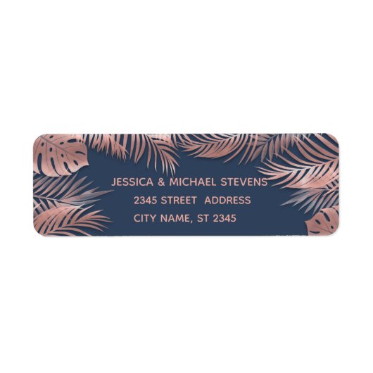 Étiquette Marine bleu rose doré tropicale feuilles romantiqu (Devant)