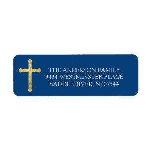 Étiquette Marine Blue Gold Cross Holy Communion Adresse de r