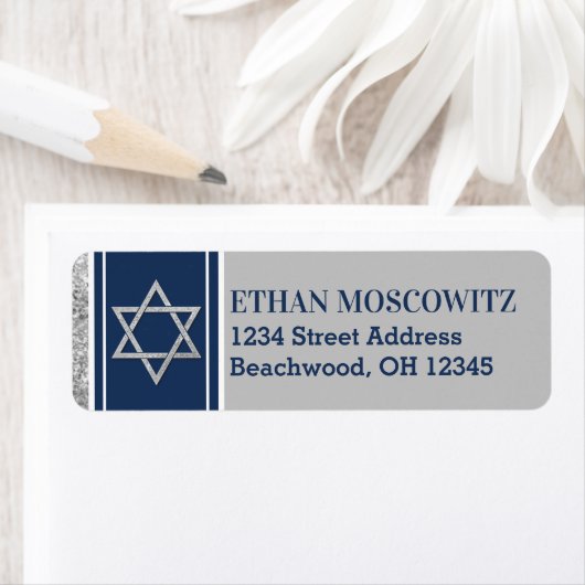 Étiquette Marine, Grey, Étoile blanche de David Bar Mitzvah (En situation)