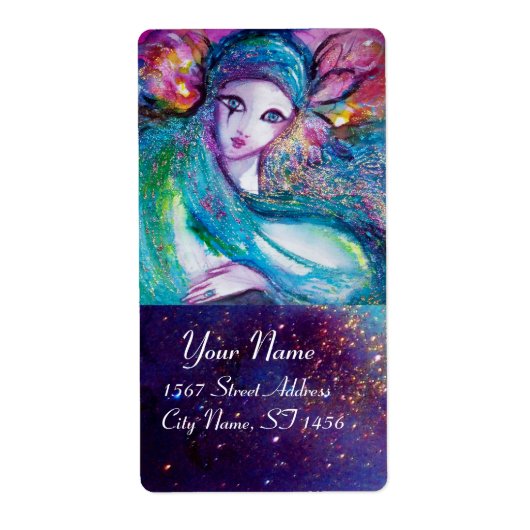 Étiquette MASQUE EN BLEU, étincelles d'or rose vert (Devant)