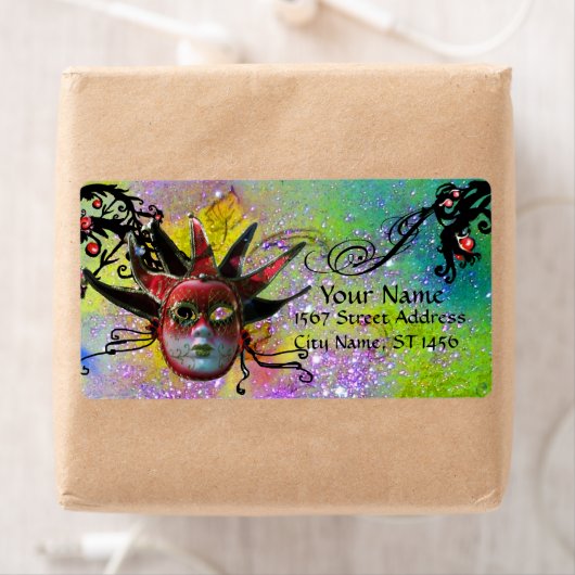 Étiquette MASQUE JESTER NOIR ET ROUGE, Fête Masquerade viole (En situation)