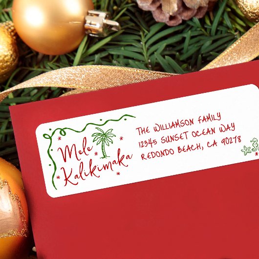 Étiquette Mele Kalikimaka Red Green Doodle Christmas Address