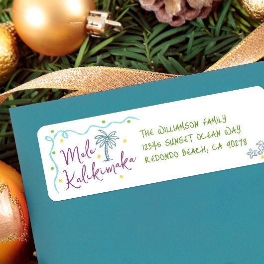 Étiquette Mele Kalikimaka Teal Purple Green Doodles Address
