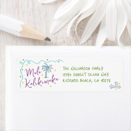 Étiquette Mele Kalikimaka Teal Purple Green Doodles Address (En situation)