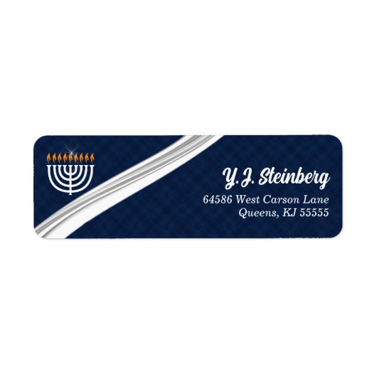 Étiquette Menorah blanche moderne et adresse Hanoukka bleue (Devant)