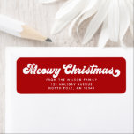 Étiquette Meowny Christmas Fun Cat Modern Pet Retourner l'ad<br><div class="desc">Meowy Noël ! Fun retro vintage typographie chat animal de vacances retour étiquettes d'adresse sur bonbons rayé rouge.</div>