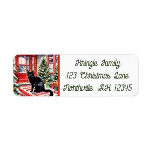 Étiquette Meowy Christmas Tree & Black Cat Adresse de retour