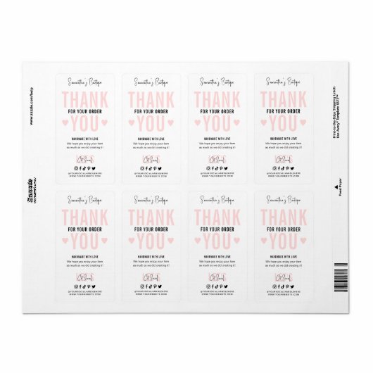 Étiquette Merci pour le logo de commande Emballage rose fémi (Feuille entière)