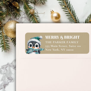 Étiquette MERRY & BRIGHT ! Adorable, Pingouin Avec Chapeau D