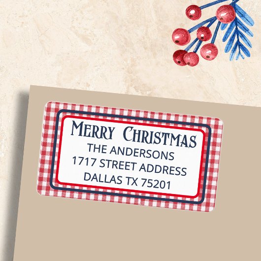 Étiquette Merry Christmas Red & White Gingham Check Return