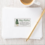 Étiquette Merry Christmas Winter Pine Tree Return Address<br><div class="desc">Elegant "Merry Christmas" holiday card address label design features a rustic chic white wood grain background with a simple watercolor painted winter pine tree in a basket. Personalize the modern green and charcoal gray wording with a custom greeting and your return address text.</div>