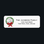 Étiquette Merry Christmas Wreath Holiday Retourner l'adresse<br><div class="desc">Ces étiquettes d'adresse de retour simples sont parfaites pour tous vos envois de vacances. Ils présentent un design amusant avec une couronne de pin aquarelle peinte à la main avec un gros arc rouge et un texte écrit : Joyeux Noël! Votre nom et votre adresse sont à droite. Bonne façon...</div>