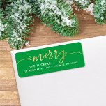 Étiquette MERRY Script Gold & Bright Green Christmas Adresse<br><div class="desc">Ce design simple présente le salut festif "joyeux" en fausse feuille d'or. Cliquez sur le bouton personnaliser pour plus de flexibilité dans la modification/ajout de texte/photos et d'éléments de conception ! Des variantes de cette conception ainsi que des produits de coordination sont disponibles dans notre boutique, zazzle.com/store/doodlelulu. Contactez-nous si vous...</div>