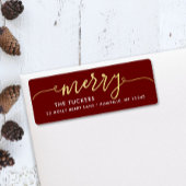 Étiquette MERRY Script Gold Foil Dark Red Christmas Adresse
