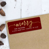 Étiquette MERRY Script Gold Foil Dark Red Christmas Adresse