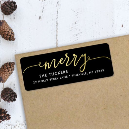 Étiquette MERRY Script Gold Foil sur Black Christmas Address