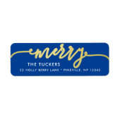 Étiquette MERRY Script Gold Foil sur l'adresse de Noël bleue (Devant)