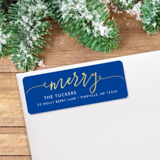 Étiquette MERRY Script Gold Foil sur l'adresse de Noël bleue