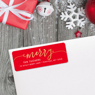 Étiquette MERRY Script Gold Foil sur l'adresse de Noël rouge