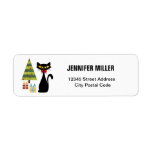Étiquette Mid Century Christmas cat Retourner l'étiquette d'<br><div class="desc">Illustration colorée de style abstrait du milieu du siècle avec chat noir,  sapin de Noël et décoration cadeaux de Noël</div>