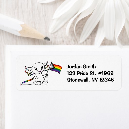 Étiquette Mignon Axolotl avec Quasar Progress Pride drapeau  (En situation)