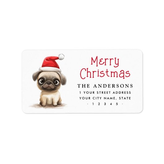 Étiquette Mignonne chien carlin chapeau de Noël adresse de r (Devant)