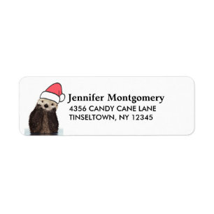 Étiquette Mignonne Otter portant un chapeau de Père Noël