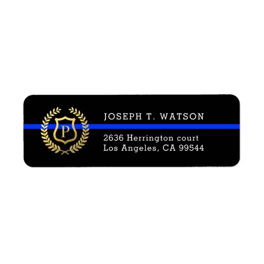Étiquette Mince Ligne Bleue Monogramme Faux Gold Shield Adre (Devant)