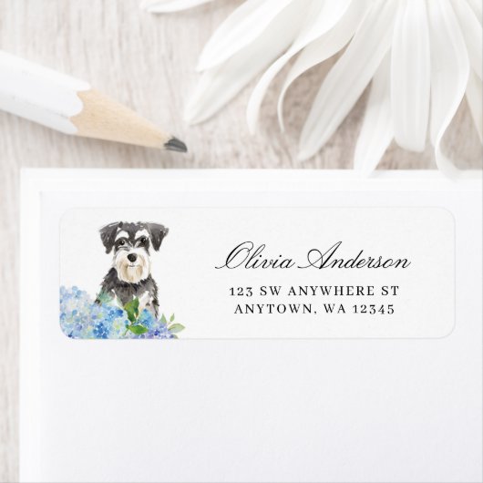 Étiquette Miniature Schnauzer Blue Hydrangea Adresse de reto (En situation)
