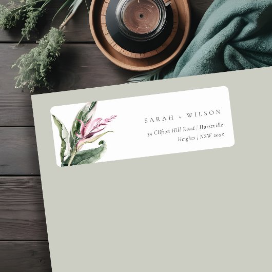 Étiquette Minimal Tropical Pink Green Leafy Floral Adresse