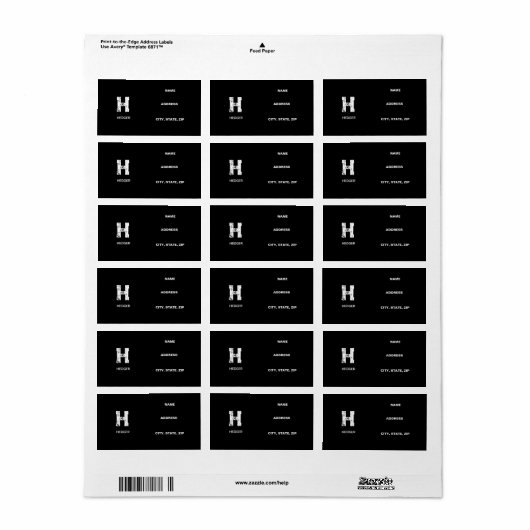 ÉTIQUETTE MINIMALIST WHITE ONE LETTER MONOGRAM NAME BLACK (Feuille entière)