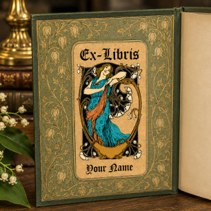 Étiquette Modèle Ex Libris Art Nouveau Femme Fleurs Kraft