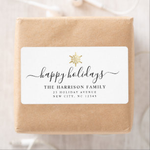 Étiquette Moder Élégant Script Happy Holidays Gold Snowflake