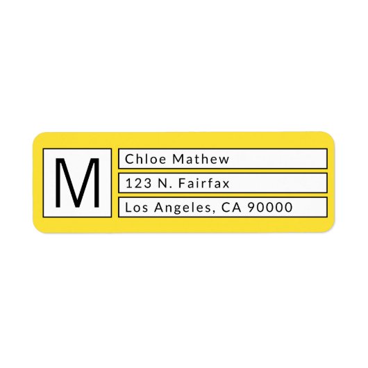 Étiquette Modern Box Monogram Jaune, b&w Adresse de retour (Devant)