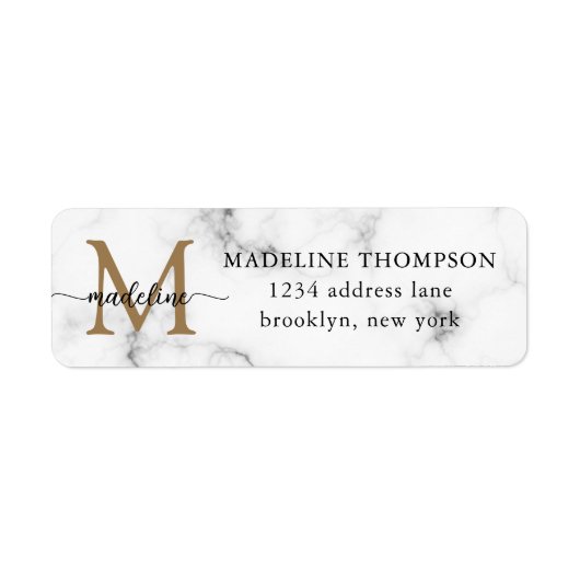 Étiquette Modern Marble Gold Girly Script Monogram Address (Devant)