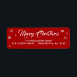 Étiquette Modern Merry Christmas Hand Lettered Script Label<br><div class="desc">Add a finishing touch to your holiday mailings with our modern holiday return address labels. Merry Christmas" appears in a white typography on a red background with white snowflakes. Underneath you can customize these labels with your own family name and address. To customize it click "Personalize this template" and add...</div>