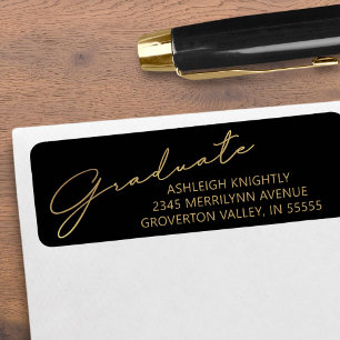Étiquette Modern Script Graduate Black Gold Adresse de retou