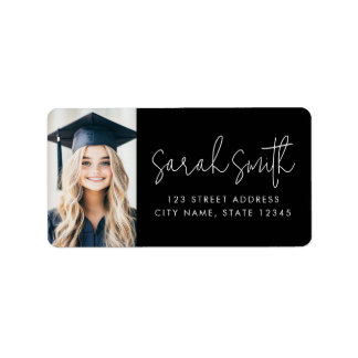 Étiquette Modern script graduate photo black return address