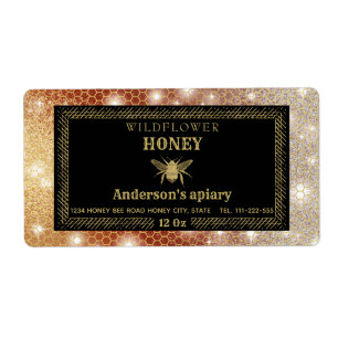 Étiquette Modern sparkle honeycomb gold bee honey jar label