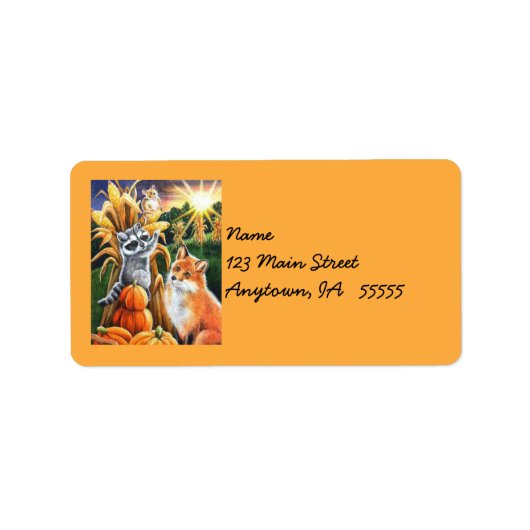 Étiquette Moisson d'automne Corn Red Fox Raccoon Aquarelle A (Devant)