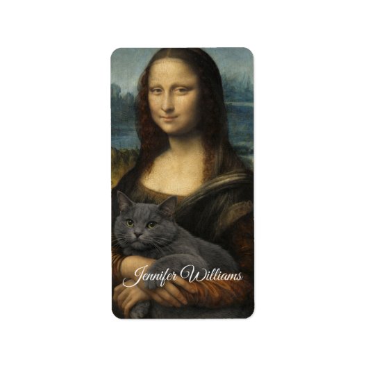 Étiquette Mona Lisa Holding Elegant Gray Cat (Devant)