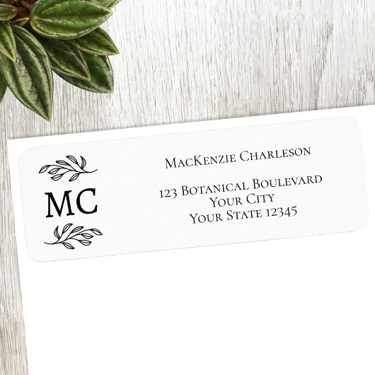 Étiquette Monogram Botanical Leaf Line Art Return Address