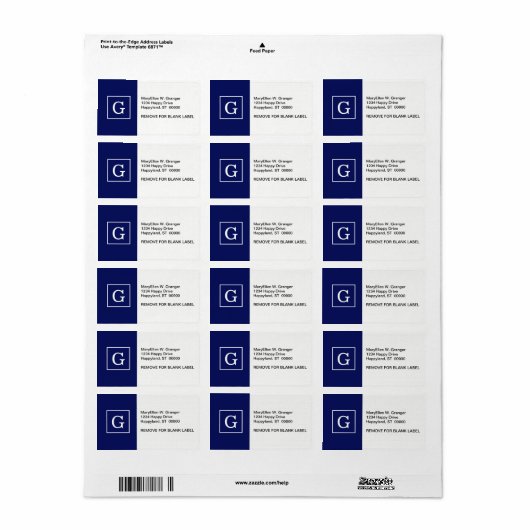 Étiquette Monogram initial de la Navy Blue White Framed (Feuille entière)