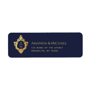 Étiquette Monogram Marine Blue Faux Gold Crest Vintage Weddi